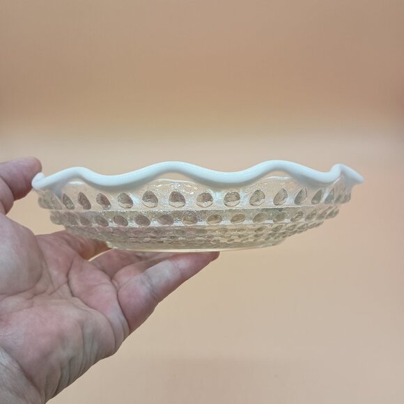 Vintage Fenton Moonstone Clear Opalescent Ruffled Edge Hobnail Divided Dish - Picture 4 of 4